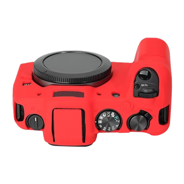 Red soft silicone protective case for Canon EOS R8 camera, showcasing its snug fit and durable design.